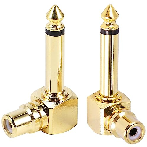 HAAMNING7 RCA to 1/4 Audio Adapter, 90 Degree 6.35mm Mono Male Microphone Plug to RCA Female Connector, Gold Plated Pure Copper Guitar Jack Connector (2 Pack)