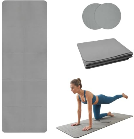 Faltbare TPE Yoga Matte, Grau, 183 x 61 cm, 5 mm | 2 Kniekissen, Rutschfest, Kompakt, Für Pilates, Fitness und Reisen