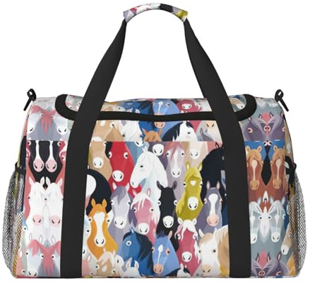 Bunte Reisetasche mit Cartoon-Pferden, Wochenendtasche, Wochenendtasche, Übernachtung, Handgepäck, Handtasche, Workout, Sport, Krankenhaus