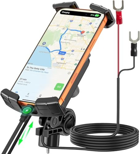IJIAMY Motorrad Telefonhalter mit USB-C 20W Ladeanschluss and Type-C Cable, Mobiltelefonmontage Schnellladung wasserdicht für für 4-8 Zoll Smartphones 180 Drehung Outdoor Lenker Handy Halterung