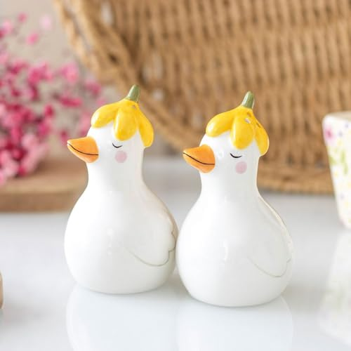 Daisy & Duck Salt and Pepper Shakers, Ceramic Duck Figurines with Yellow Flower Hats, White and Orange, Spring Theme Kitchen Decor, Set of 2