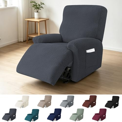 BOFITENG 4-Teilig Sesselschoner für Relaxsessel, All-Inclusive Sesselbezug, Sessel Überzug mit Taschen, Sesselhussen Stretch mit Armlehne, für Fernsehsessel Liege Sessel (Dunkelgrau)