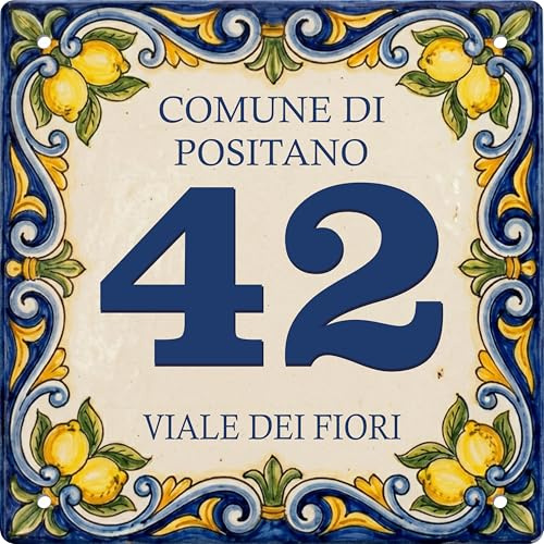 Pubblimania Numero Civico Personalizzato in Alluminio composito Stile Maiolica Siciliana - Targa Esterna Resistente Intemperie Effetto Ceramica Positano - Personalizzabile (Positano Maiolica)