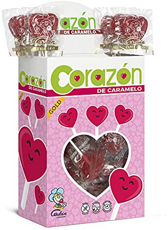Caramelos Cerdán - Piruletas Corazón Serie Oro Sabor Cereza | Estuche de 110 Unidades | Caramelo Duro con Palo Sin Gluten ni Alérgenos | Ideal para Fiestas, Eventos y Cumpleaños