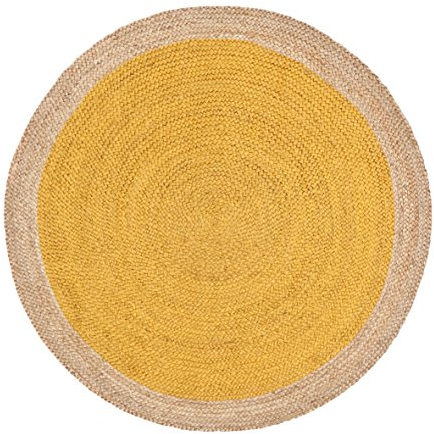 Green Decore Handgefertigte geflochtene runde Naturfaser Jute Teppich, Natur (180 cm Durchmesser, Oculus Yellow)
