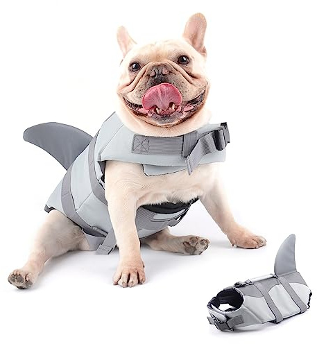 Hifrenchies Hundeschwimmweste Hai Schwimmweste Haustier Sicherheit Badeanzug Rettungsweste für Französische Bulldogge(Größe L, Hai)