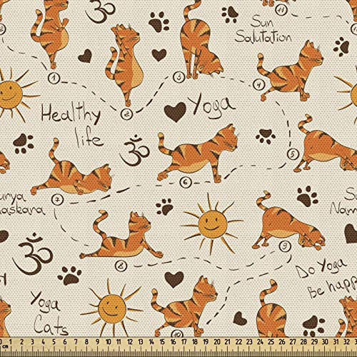 ABAKUHAUS Katze Gewebe als Meterware, Kätzchen, die Yoga-Tatzen tun, Schön Gewebten Stoff für Polster und Wohnaccessoires, 1M (148x100cm), Orange Braun Creme