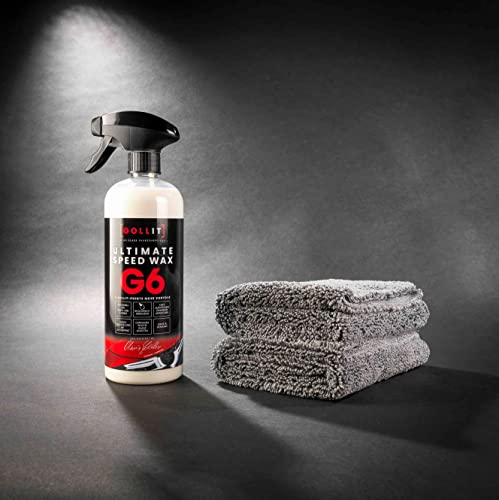 GOLLIT Ultimate Speed Wax 750ml Sprühversiegelung, Lackfinish + 2 Microfasertücher (ultraschall geschnitten) ca.40cm x 40cm schwarz Abb. ähnlich) - KOSTENLOS - MADE IN GERMANY