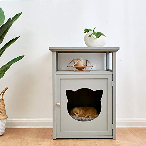 Cherry Tree Furniture BASTET Wooden Cat Cave Bedside Cabinet | Litter Box | Cat House Nightstand (Grey)