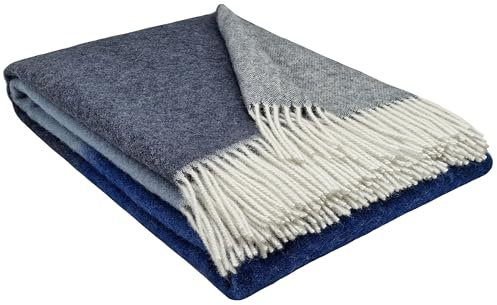 STTS International Wolldecke 100% Schurwolle Wohndecke in versch. Farben Tagesdecke Schurwolldecke Plaid 140 x 200 cm Tirol (Dunkelblau-Blau-Hellblau (Dreifarbig))