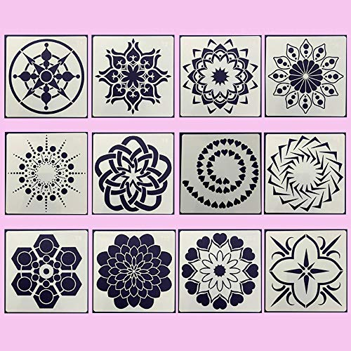 BLUGUL Mandala Schablone, Mandala Dotting Malvorlagen Schablonen, Mandala Rock Punktierung Werkzeuge, für DIY Dekor, Felsen Stein, Airbrush, Felsen und Walls Art, Type F 12 Stück