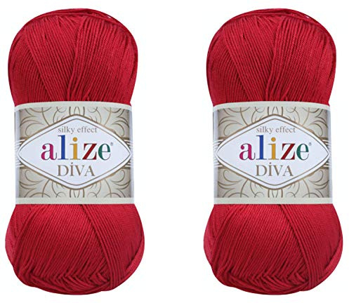 Alize Diva Yarn Handstrickgarn, 100 % Mikrofaser-Acrylgarn, Alize Diva, Seideneffekt, Häkelgarn, Kunst, Spitze, Basteln, 2 Knäuel, 200 g, 760 Yds (106 rot)