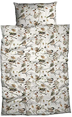 LIVING DREAMS Satin Bettwäsche Birds Organic Cotton 155 cm x 220 cm weiß braun