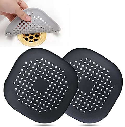 Bovinde Hair Drain Catcher,Square Drain Cover for Shower Silicone Hair Stopper with Suction Cup,Easy to Install Suit for Bathroom,Bathtub,Kitchen 2 Pack(Black)