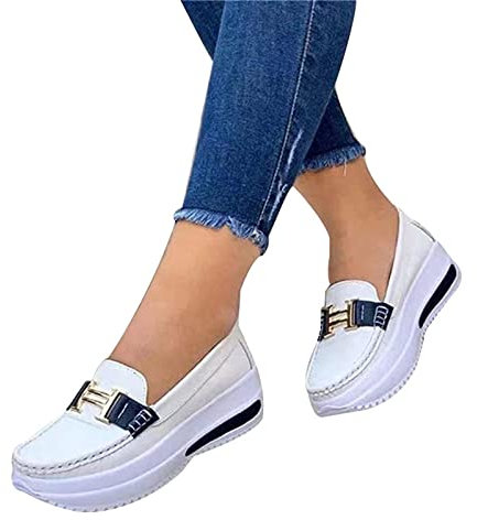 VALINK Zapatos casuales para mujer, cómodos mocasines de plataforma para mujer, zapatos planos casuales de poliuretano para caminar, estilo vintage