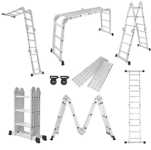 YRHome 6 in 1 Leiter Mehrzweckleiter Alu Gelenkleiter Klappleiter Steigleiter 340cm Multifunktionsleiter Aluleiter Kombileiter mit Plattformbis 150KG belastbar 4x3 Stufen Silber