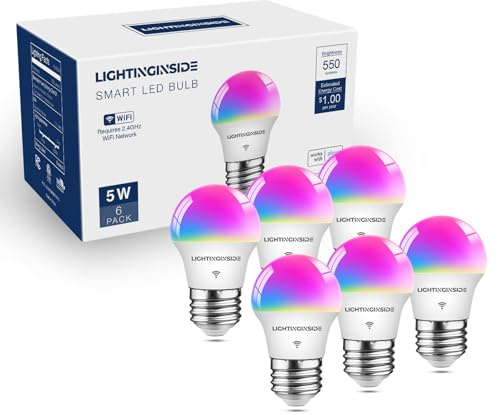 Lightinginside E26 Smart Light Bulbs 50W Equiv., G16.5 A15 RGBCW Small Chandelier Ceiling Fan Smart Bulb Works with Alexa/Google Home/SmartLife, 5W 550LM, 2.4G WiFi Bluetooth Bulb, ETL Listed, 6PCS