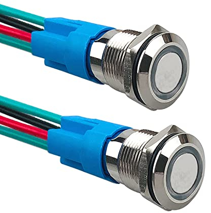 Aiqeer 2 Piezas 12 mm Interruptores de Botón Momentáneo, 12V / 24V 3A Interruptor de Botón LED Blanco, Interruptor Pulsador Metálico Impermeable, con Enchufe Precableado