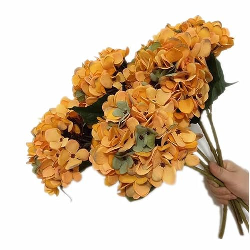 5pcs Artificial Retro Color Hydrangea Flower Branch Faux Hydrangea Macrophylla for Wedding Centerpieces Home Party Floral Arrangement (Orange)