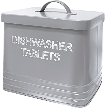 NOBEL Dishwasher Tablets Storage Vintage Heavy Duty Steel Powder coated Tins With Lid (Grey)