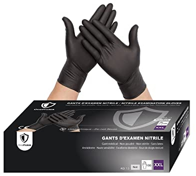 OneProtek Gants jetables noir en nitrile - Boîte de 100 Gants Nitrile - Taille XXL (Très Très Grande) - Sans latex - Résistants et Multi-usages - Protection contre les produits chimiques