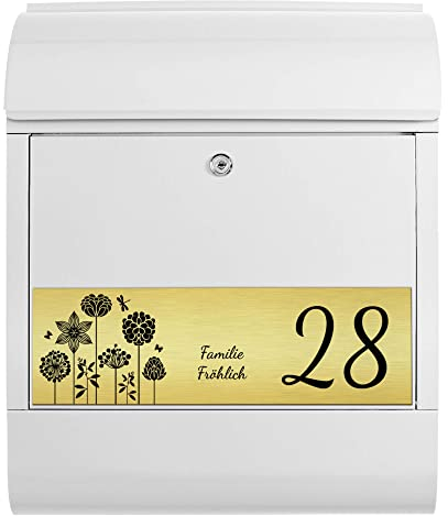 banjado® Briefkasten personalisiert mit graviertem Namensschild in Gold/Briefkasten weiß 39x47x14cm / Briefkasten mit Hausnummer, Namen & Motiv Kräuterwiese/Briefkasten mit Zeitungsfach