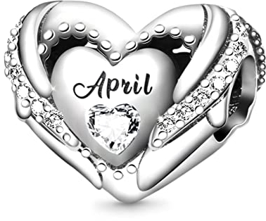 GNOCE Geburtsstein-Charm für Charms-Armband 925er Sterlingsilber Liebes-Herz-Perle Alles Gute zum Geburtstag Charms für Armband/Halskette Geschenk (April)