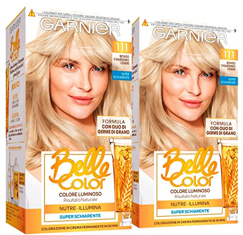 2 x Garnier Belle Color Haarfarbe für permanente Haare, nährende Wirkung, aufhellend, natürliches Ergebnis mit Weizenkeimöl, Farbe 111 sehr helles Aschblond, 2 Packungen