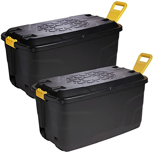 STORM TRADING GROUP Heavy Duty Robust Black Storage Trunk With Wheels & Handles 110 Litre & 145 Litre XL Capacity Great for Indoor & Outdoor Storage (145 Litre, 1 x Storage Trunk Box)