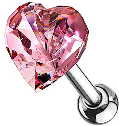 Taffstyle Piercing Stecker Herz Stud Strass Glitzer Zirkonia Kristall Ohr Cartilage Flach Tragus Helix Ohrpiercing Knorpel Barbell Stab mit Kugel Silber Rosa