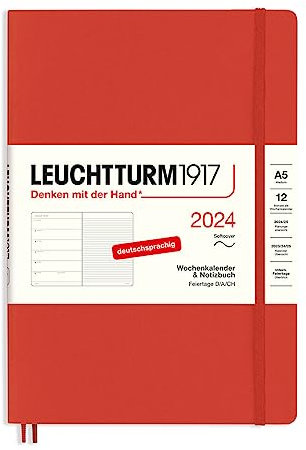 LEUCHTTURM1917 367767 Wochenkalender & Notizbuch Medium (A5) 2024, Softcover, Fox Red, Deutsch, 12 Monate