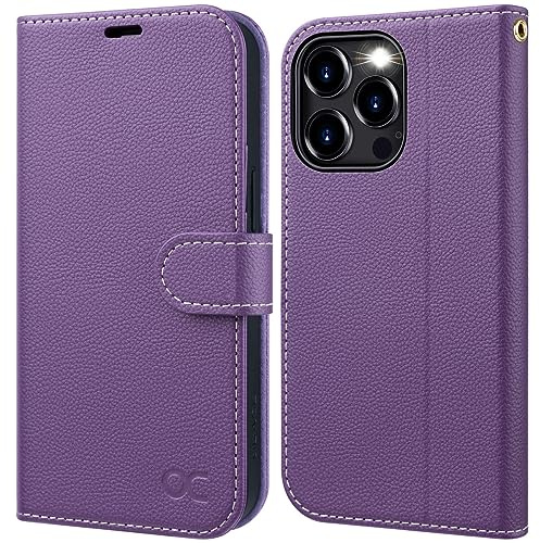 OCASE iPhone 15 Pro Hülle Handyhülle [Premium PU Leder] [Kartenfach] [Standfunktion] RFID Schutzhülle Klapphülle Handytasche Lederhülle Kompatibel für iPhone 15 Pro Violett Litschi