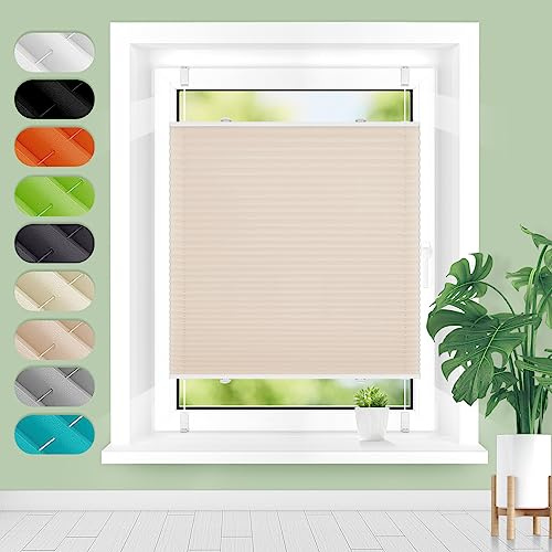 Homland Plissee ohne Bohren Klemmfix B50 x H130 cm Creme, Plissees für Fenster und Tür, Jalousie Easyfix Plisseerollo mit Klemmträger Sonnenschutz und Sichtschutz lichtdurchlässig Rollo