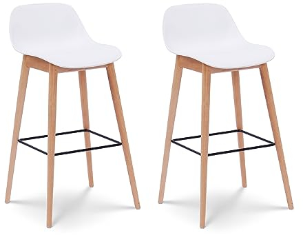 Kosmi Lot de 2 tabourets de Bar Blancs Style scandinave avec Pieds en Bois Naturel - Hauteur 66 cm
