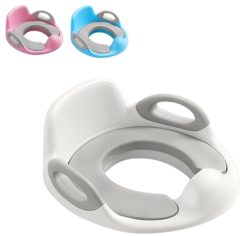 SUBTLETY Toilettensitz Kinder Töpfchen WC Sitz Töpfchentrainer Toilettentrainer mit Griff Spritzschutz und Rückenlehne Toilettenaufsatz für Mädchen und Jungen von 1-8 Jahren (Weiß + Grau)