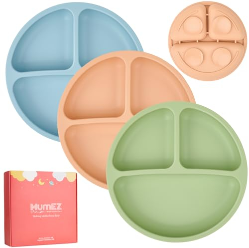 MumEZ Lot de 3 assiette ventouse pour bébé - Antidérapantes assiette bebe - Pour les tout-petits et l'auto-alimentation - Sans BPA - Passe au lave-vaisselle et au micro-ondes