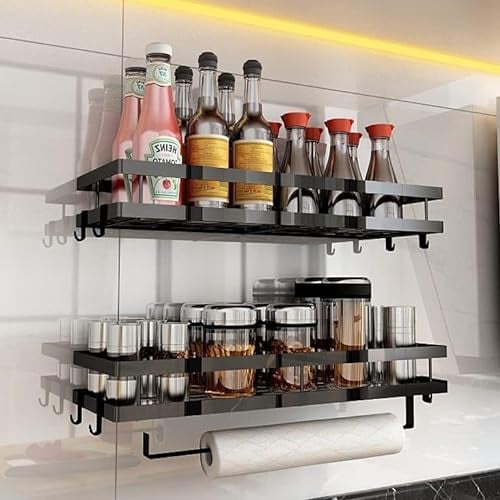 DGHOME 2 Tier Spice Racks Organizer, Wall Mounted Seasoning Rack with Paper Towel Holder and Hooks for Home Kitchen Condiments Spices