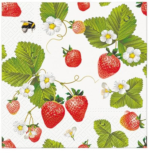 20 Servietten Essen Rote Erdbeeren mit Blätter als Tischdeko. Papierservietten mit Motiv. Auch für Decoupage und Serviettentechnik 33x33cm
