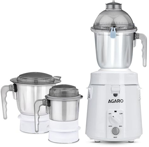 AGARO Royal Mixer Grinder 900W, Heavy Duty, 100% Pure Copper Motor, 3 Stainless Steel Jar, 3 Speed, Whip Function, Stainless Steel Blades, Wet & Dry Grinding, White