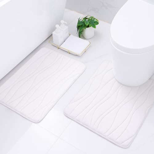 Buganda Badteppich-Set aus Memory-Schaum, weich, rutschfest, dick, Badematte und Kontur-WC-Teppich, saugfähig, waschbar, Badezimmerteppiche und -matten, Set (61 x 40,6 cm + 61 x 50,8 cm, Weiß)