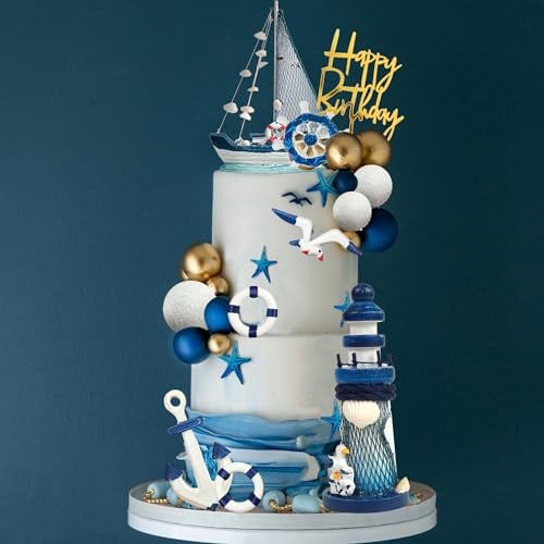 DRWATE Nautical Cake Toppers - Ship, Lighthouse, Balls, Seagull, Anchor, Rudder - Blue, Gold, Dark Blue, White - 24 Count - Birthday Occasion