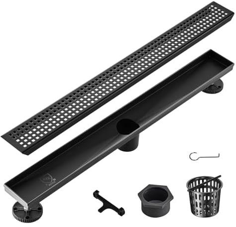 VEVOR Sifón de suelo 609x70 mm Desagüe de ducha italiano lineal Rejilla cuadrada Acero inoxidable 304 cepillado 42,5 L/min Filtro de restos de cabello Desagüe de suelo rectangular con patas, Negro