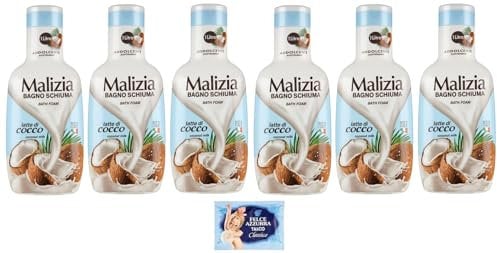 6x Malizia - Bagno Schiuma, Latte di Cocco - Bath Foam Bagnoschiuma 1000ml + 1 Confezione di Talco Felce Azzurra in omaggio, Busta da 100g