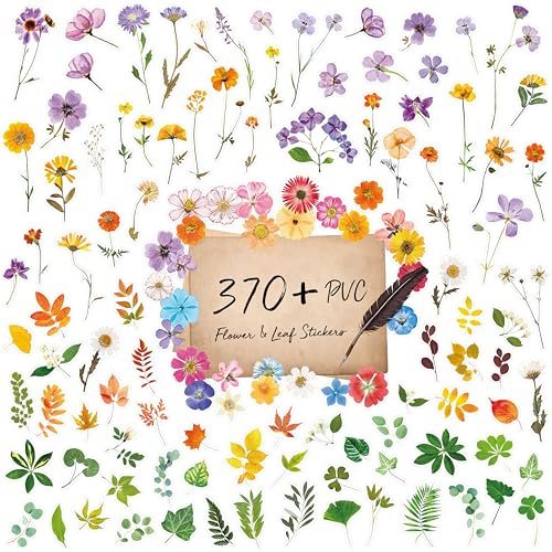 Hebayy 370+ Stück PVC Blumen-Aufkleber, Selbstklebende PVC-Grünpflanzen-Aufkleber Naturpflanzen-Dekore für Scrapbook, Laptop, Tagebuch, DIY-Projekt, Frühlingsfest-Dekorationen