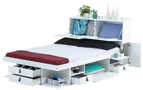 Bett mit Stauraum 160x200 + Funktions-Kopfteil + Lattenrost: Set Bali Weiss. Doppelbett und Kopfteil aus MDF Weiss lackiert mit viel Stauraum und Bettkasten, ideal f. kleine Schlafzimmer