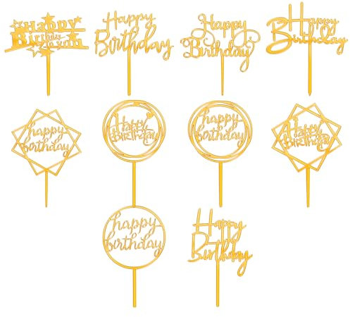 10 Pcs Happy Birthday Cake Toppers Acrylic Birthday Toppers for Cakes Side Mirror Cake Decoration Gold Cupcake Toppers for Women Desserts Party Wedding Decor Supplies