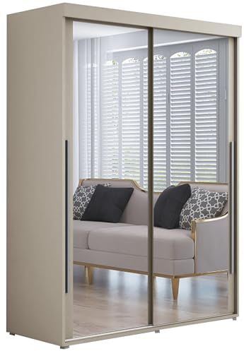 Meble Slupia Kleiderschrank IGA 2 - Schiebetüren mit Zwei Spiegel - Holzwerkstoff, Kleiderstange, Geteilte Tür - Für Schlafzimmer, Vorraum, Garderobe - Silberner Griff - 180x202x62 cm, Kaschmir
