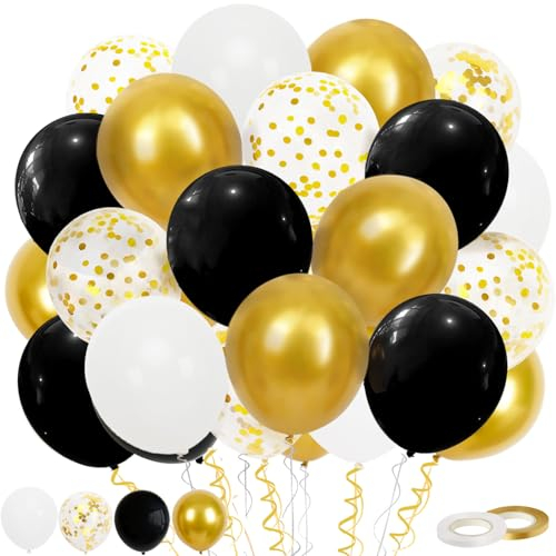 Luftballons Schwarz Gold, 60 Stück Schwarz Gold Ballons, 12 Zoll Metallic Gold Konfetti Ballons und Schwarz Latex Luftballons mit Band für Geburtstag Hochzeit Kinder Baby Shower Party Dekoratione