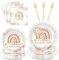 96 Pc Boho Rainbow Party Decorations - Floral Boho Tableware Set With Rainbow Birthday Plates, Napkins, Forks for Girl & Boy Baby Showers or Birthdays - Ray of Sunshine Dinnerware for 24 Guests