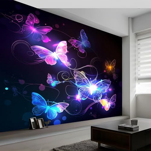 Papier Peint Panoramique Noir 3D Peinte Papillons Lumineux de Style Rêve Intissé Murale, 400 x 280 cm (L x H) Photo Murale pour Salon Chambre d'enfants restaurant Décoration Murale